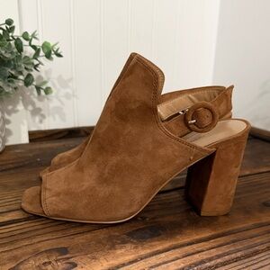 Banana Republic Tan Sueded Leather Block Heel Peep Toe Mules